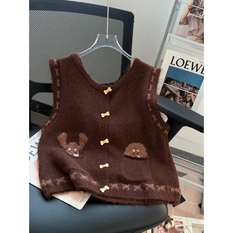 Vintage Maillard Cute Cartoon Knitted Vest Cardigan Sleeveless Sweater Vest Women's Stacked Wearing Vest Over Top
