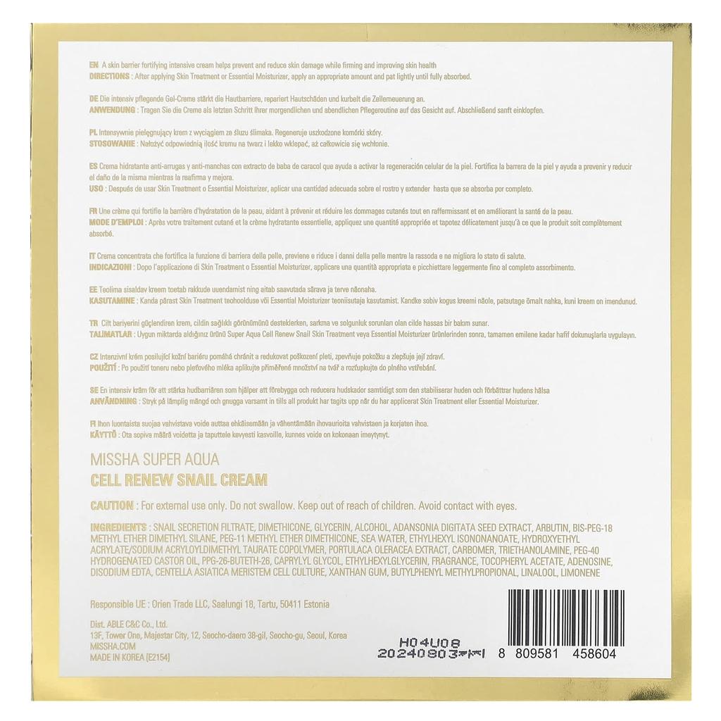 MISSHA Super Aqua, Cell Renew Schneckencreme, 1,75 fl oz (52 ml)