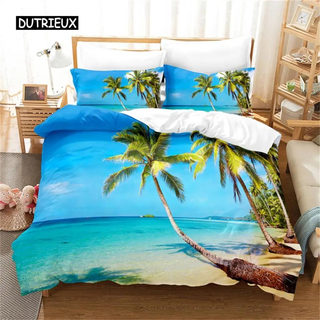 Beach Coconut 3D Tree Duvet Cover Ocean Beach Plants Bedding Collection Comforter Cover Collection For Boy Girls Bedroom Decor Bedding Collections