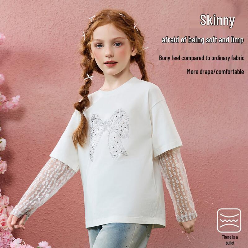 ASK JUNIOR Girls' Faux Layered Lace Bow Long Sleeve T-Shirt