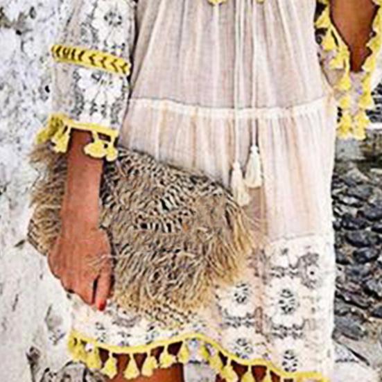 Deep V Neck Mini Dress Solid Color Women Tassel 45720 Sleeve Shift