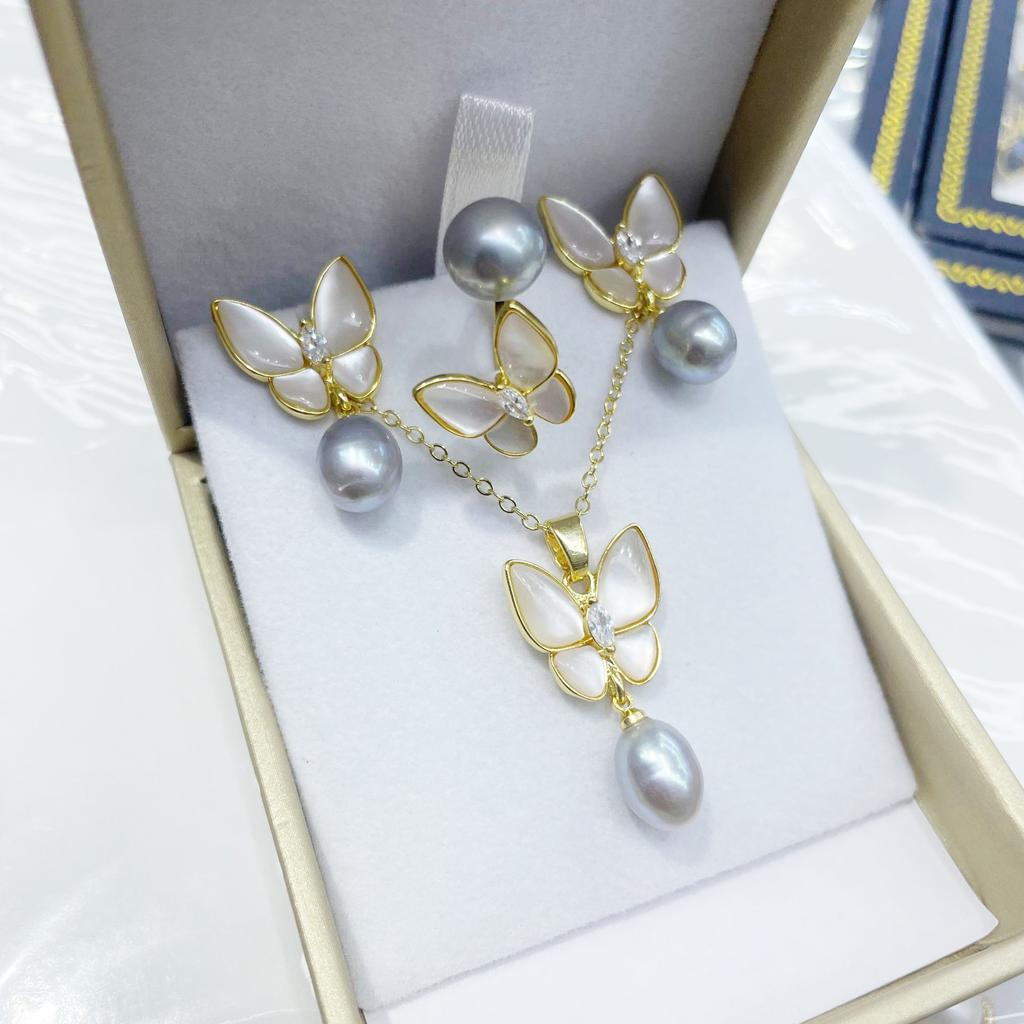 Natural Freshwater Pearls Fashion Butterfly White Shell Jewelry Set Pendant Necklace Ring Earrings Fine Wedding Jewelry