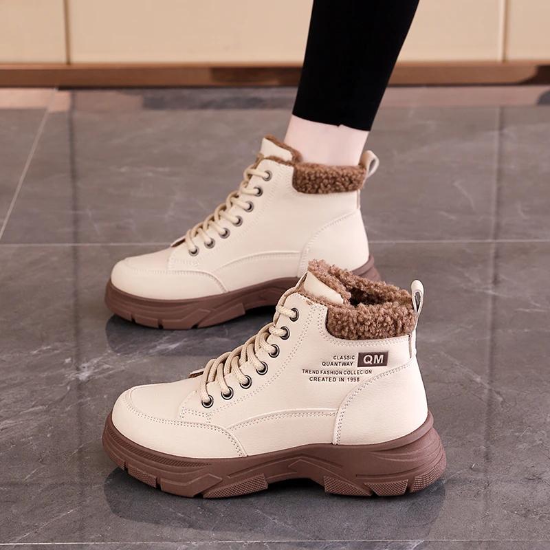 

Модные женские хлопковые ботинки 2024 Зима Новые Женские Плюшевые Теплые Студенческие Ботильоны на Высокой Подошве на Шнуровке с Увеличением Высоты 35 хаки