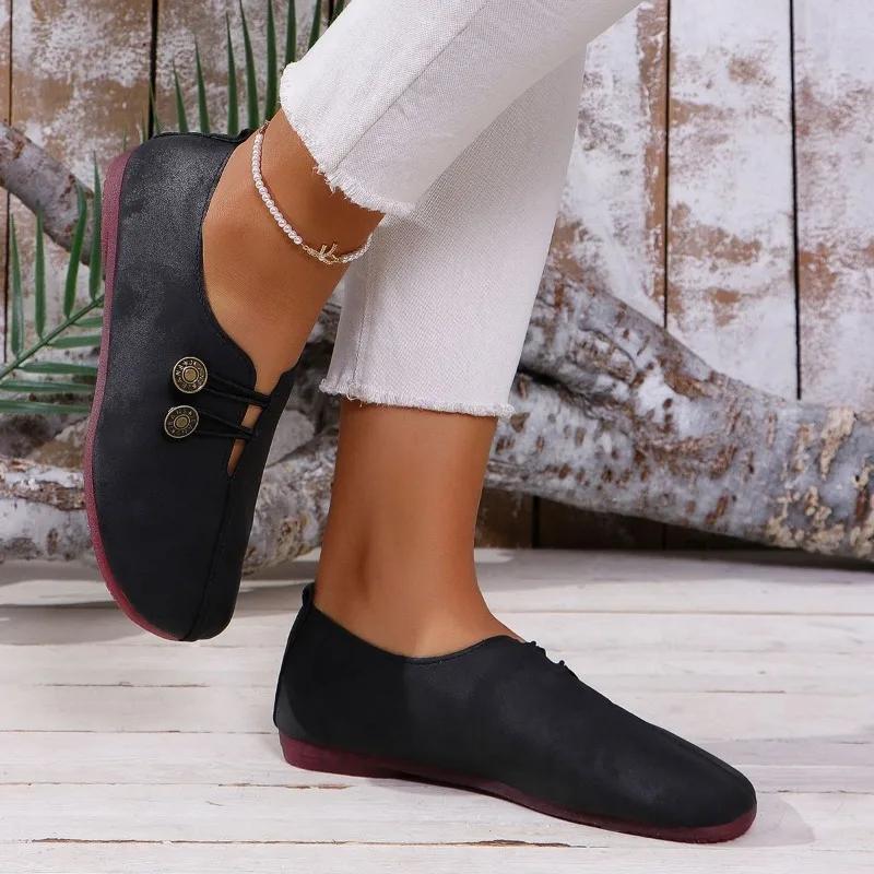 Fashion Autumn New Flat Shoes Women's Fashion Round Head Deep Mouth Metal Buckle Soft Sole Anti-slip Wear-resistant Low-top Shoes