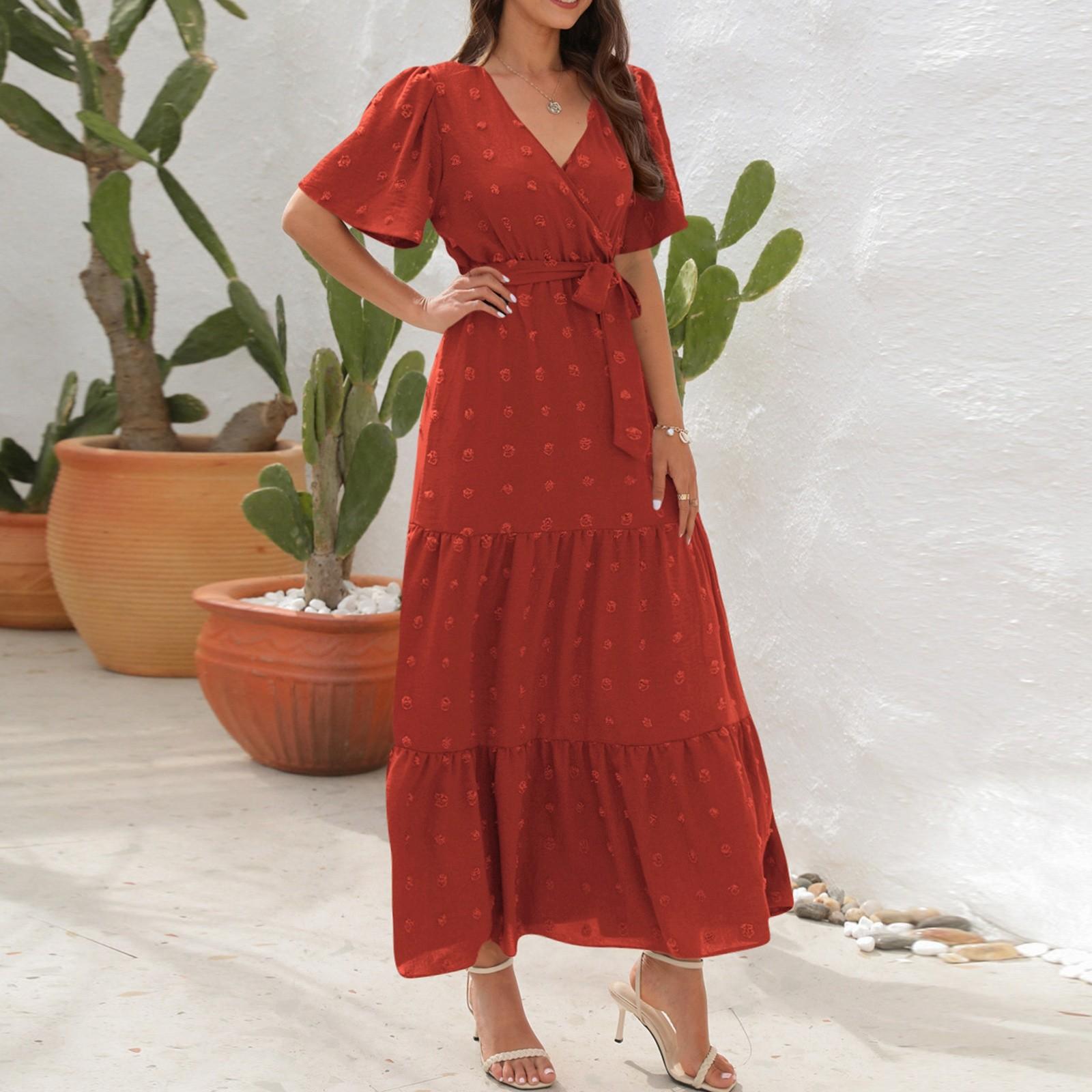 

Женское платье с V-образным вырезом и высокой талией, бальное платье с длинным коротким рукавом, праздничное платье для путешествий L красный