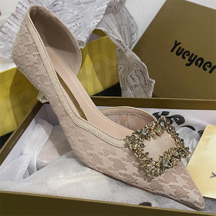 Fashion Closed Toe Sandals 2025 Summer Lace Denim Women's Female Shoe Stiletto Fashion Girls Laces Pointed Rhinestone Retro Crystal Thin