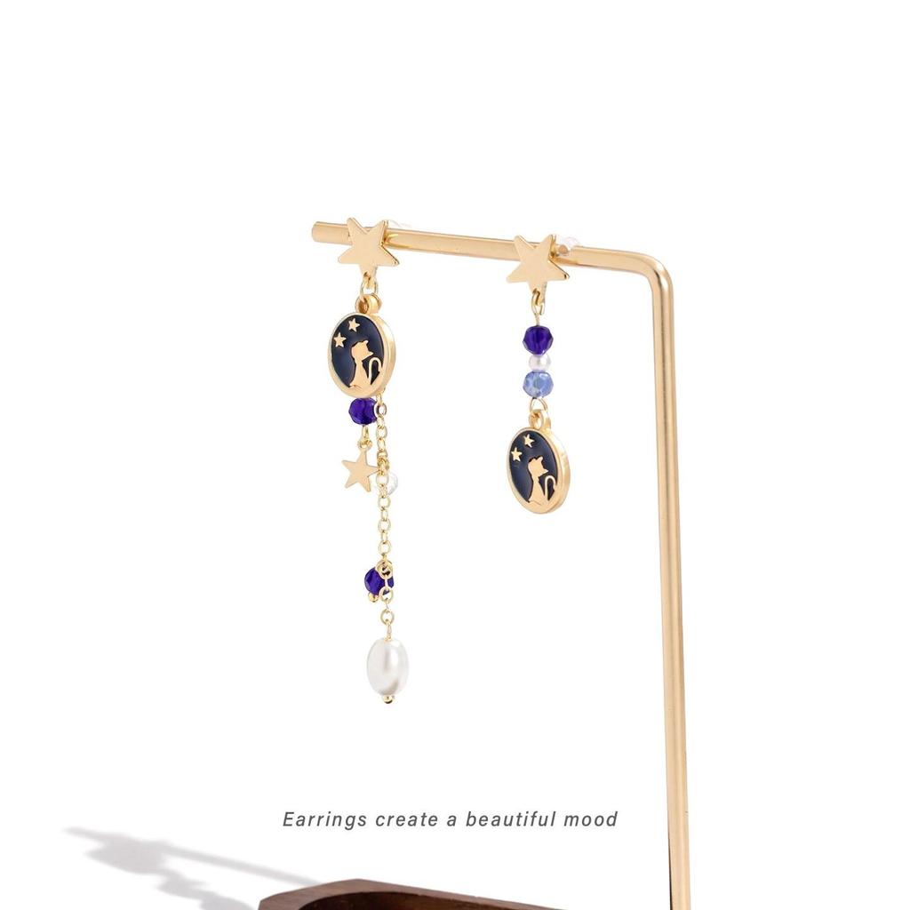 Elegant Cat Star Tassel Earrings for Women - Dreamy Niche Design with Mosquito Coil Clasp