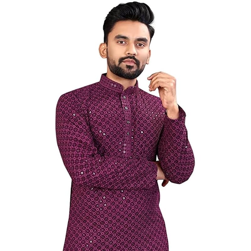 LookMark Present Men's Pure Rayon Chikankari Sequins Kurta||Men's Chikankari Purple Coloured Kurta|| AZ-LM-OG-Kurta 11 P