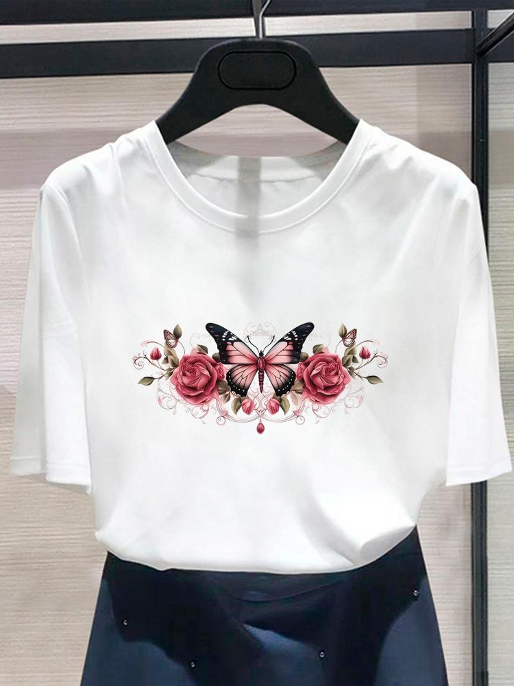 (Asian Size) Butterfly Style Cute Women's Top Print O-neck Casual T  Fashion Female Clothing Graphic Tee Short Sleeve T-shirts