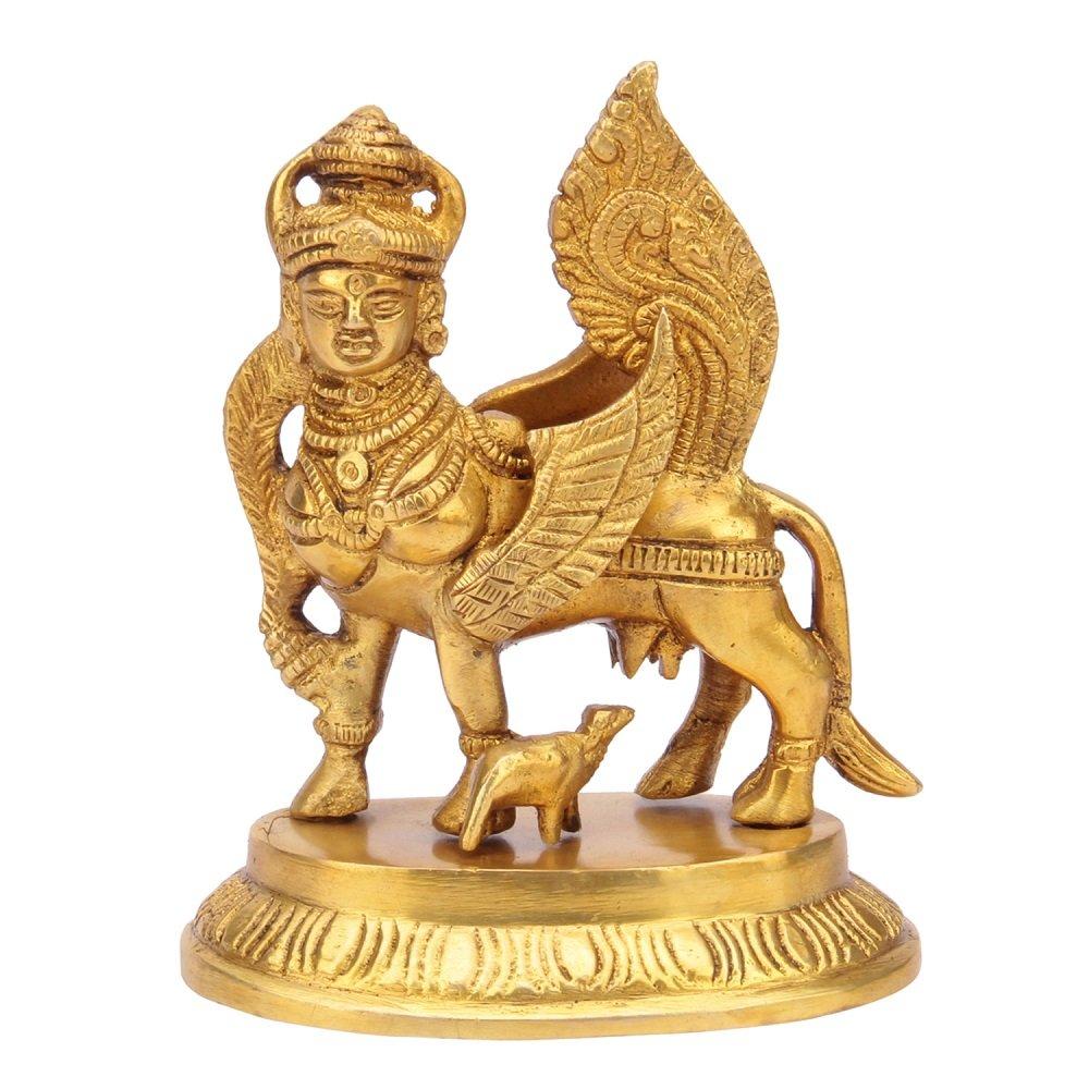 Kamdhenu Cow Statue With Wings, Intricate Golden Decor, Brass, Gold - 14 Cm