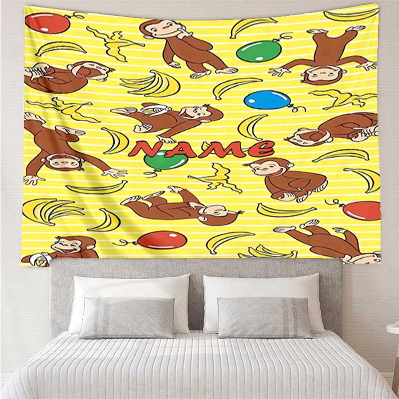 Custom Name Curious George Print Tapestry, Backdrop, Easy Setup, Ideal for Bedroom, Office & Living Room, with Aesthetic Wall Hanging Decor.