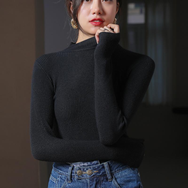 New Knitted Half-high Neck Long Sleeve Versatile Base Shirt for Women In Autumn and Winter Slim Fit and Fashionable Round Neck Top