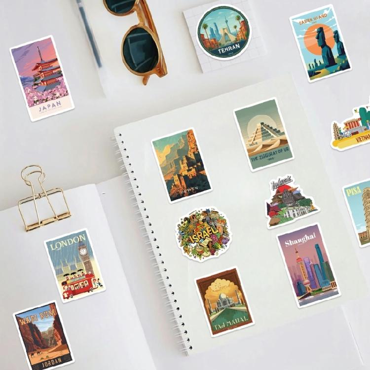 50Pieces Reusable Global Landmark Sticker World Landmark Sticker Set For Scrapbooking Decoration And School Supplies