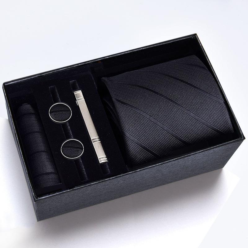 Gift Box Men'S Tie Square Scarf Cufflinks Tie Clip Five-Piece Set, Formal Business Blue Stripes