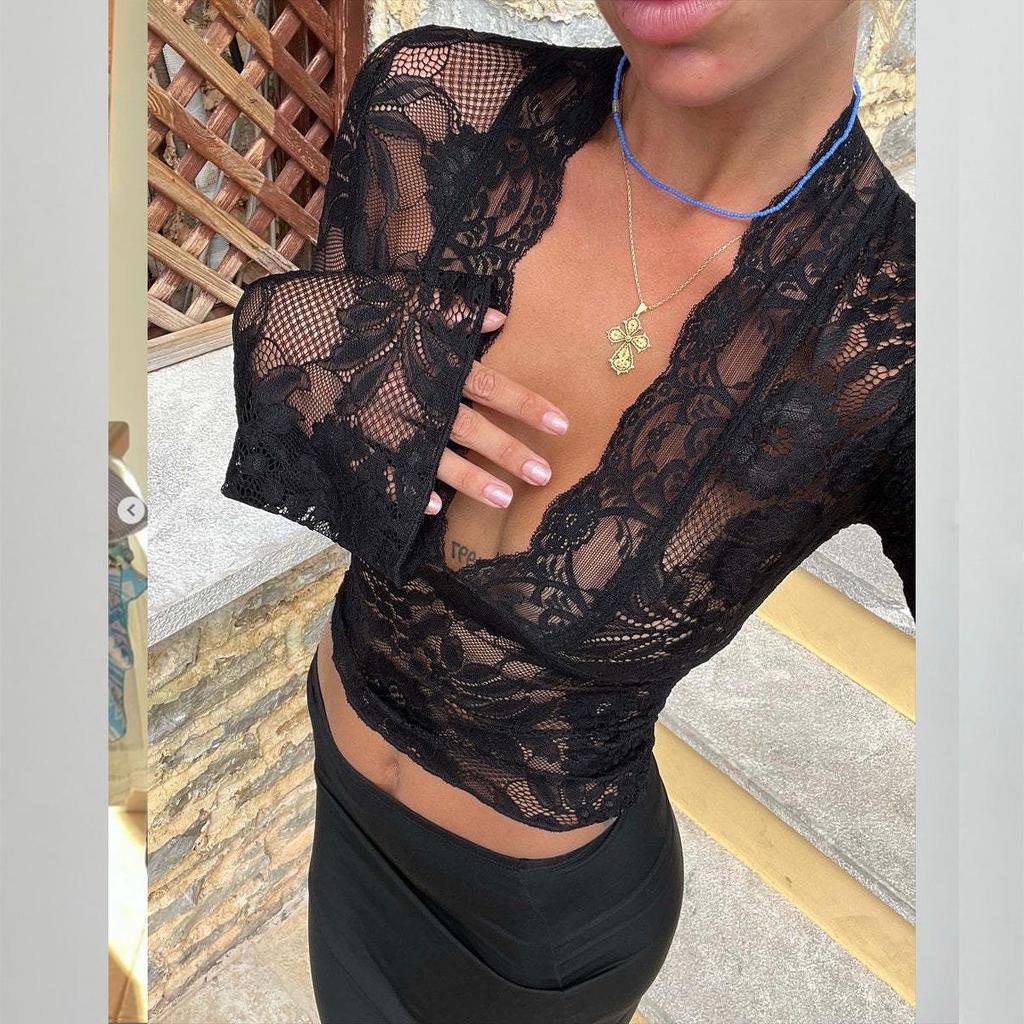 Seksowny top z głębokim dekoltem w serek, dopasowany krój, koronkowy - europejski i amerykański styl jesienny