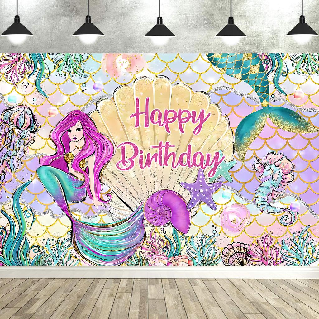 Mermaid Birthday Backdrop Under The Sea Birthday Party Decoration for Girl Purple Glitter  Mermaid Tails Photography Background