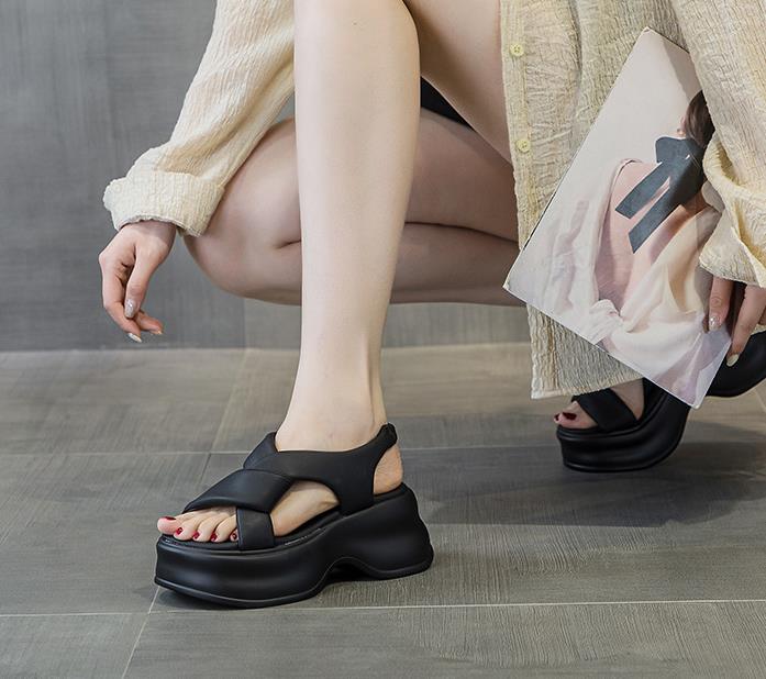 Fashion High Quality 8cm PU Women Peep Toe Weave Natural Cow Genuine Leather Platform Wedge Fashion Slippers ROME Moccasins Summer Shoes