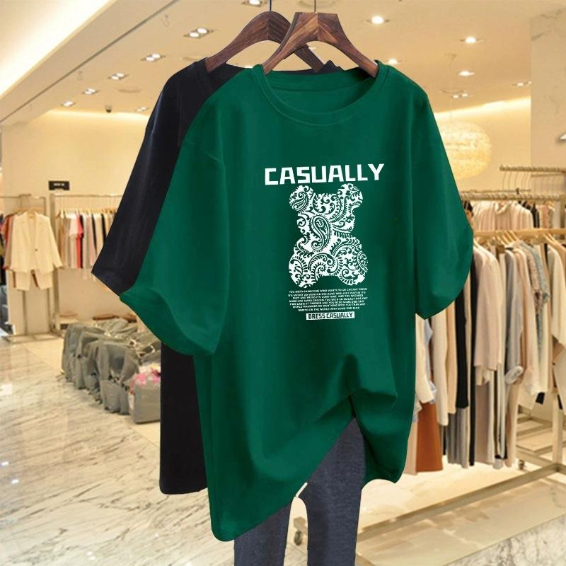 Pure Cotton Bear Print Short Sleeve T-shirt for Women In Summer New Loose Large Size Mid-Length Top for Butt