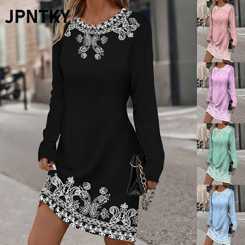 JPNTKY Fashion Autumn Winter Long Sleeve O-Neck Casual Dresses