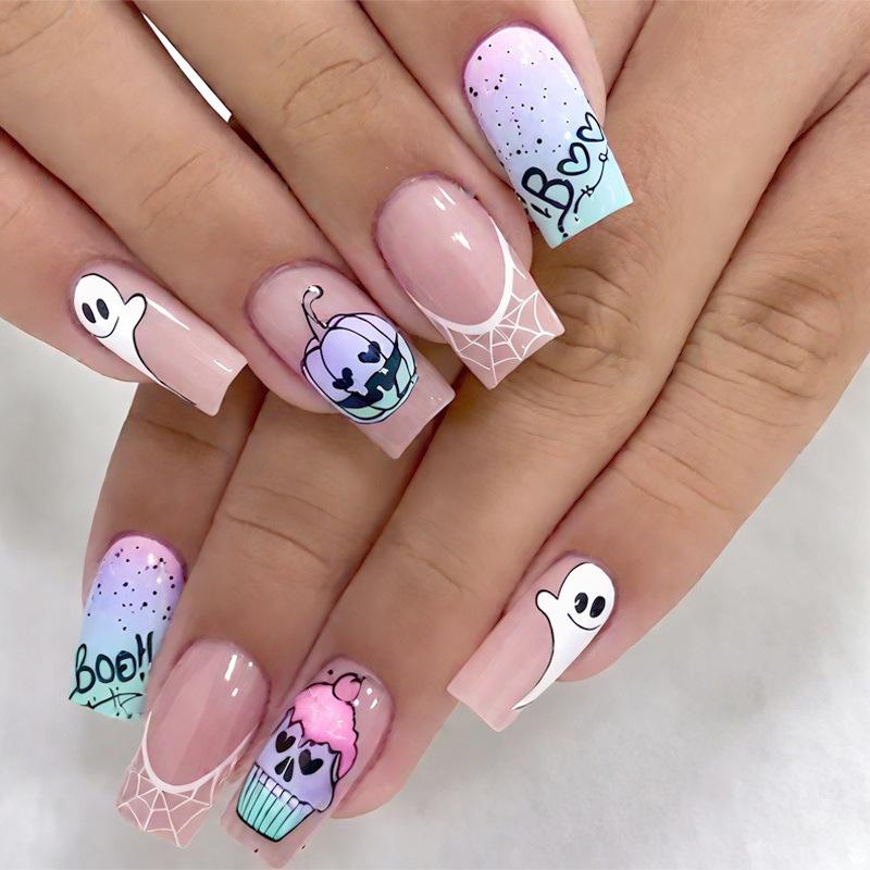 

Hot-selling nail art piece Halloween pumpkin element classic French medium and long square wearing nail patch Free jelly glue + rubbing strips