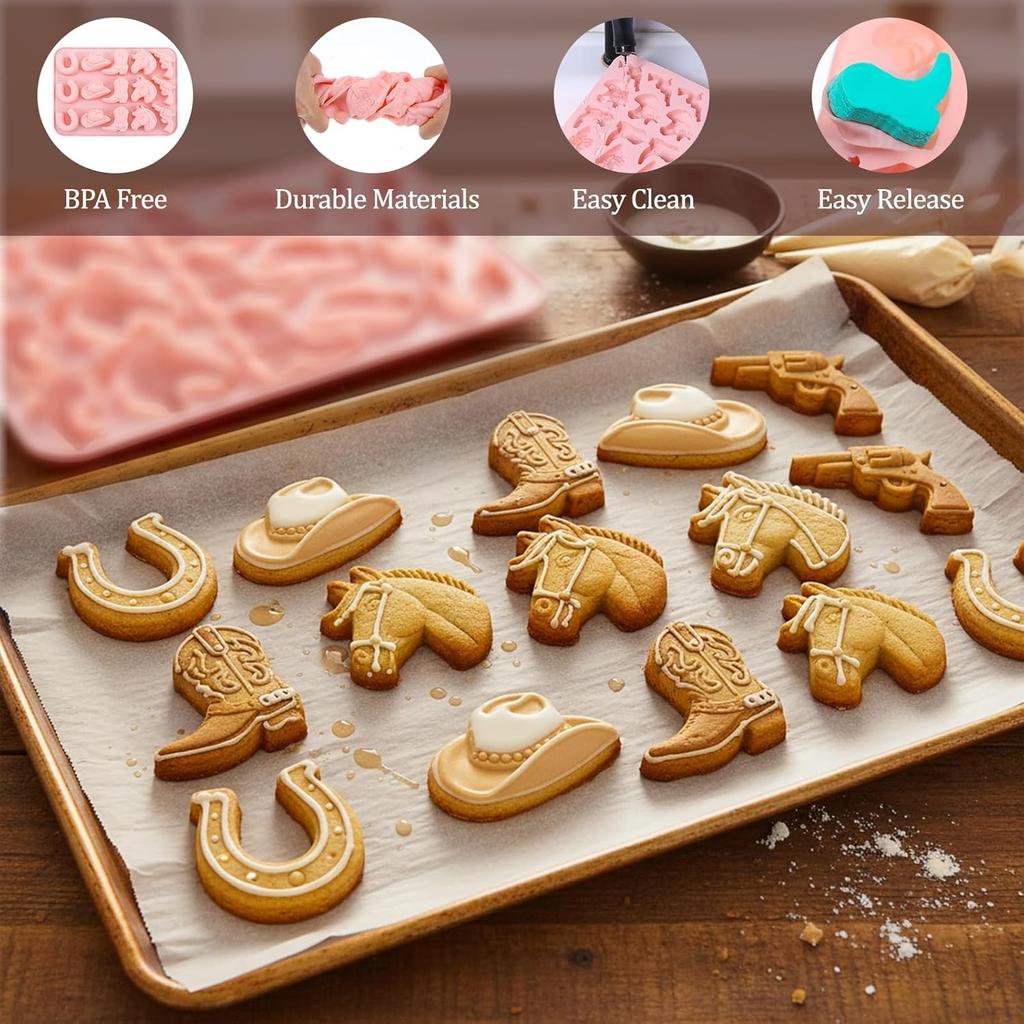 Cowboy Silicone Candy Molds Shimmeroo 3D Western Themed Chocolate Molds Silicone with Cowboy Horse Boots Hat Saddle Shapes for DIY Baking Cupcake