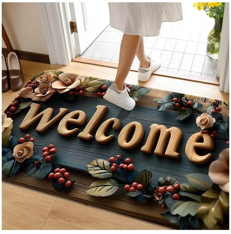 Retro Wooden Floral Welcome Mat Anti Slip Entrance Door Mat Home Decoration Indoor and Outdoor Carpet Bathroom Mat