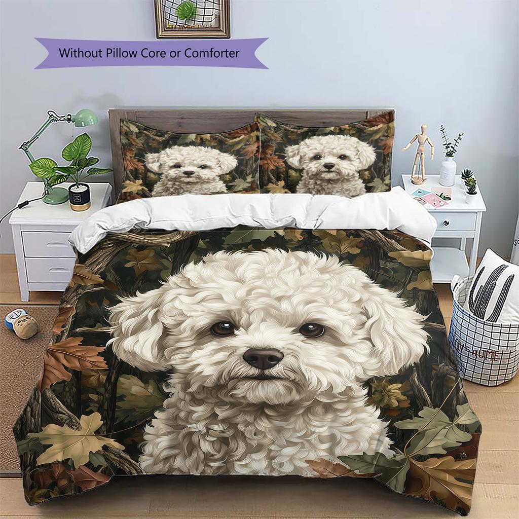 Bettwäsche mit Blätter- und Bichon-Muster, Heimdekoration, Geburtstagsgeschenk (1 Bettbezug + 2 Kissenbezüge, ohne Füllung)