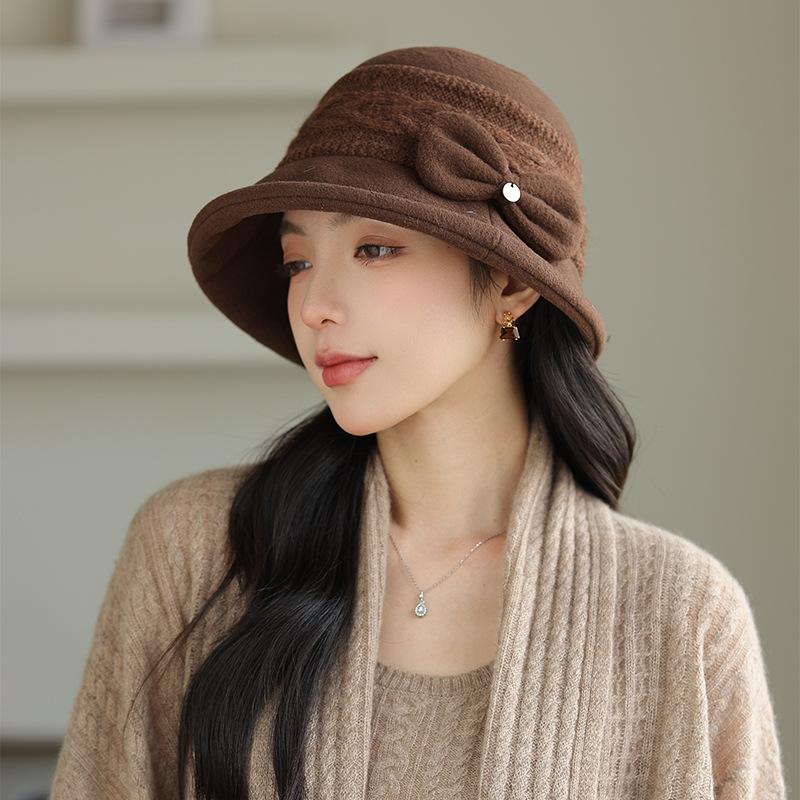 Women S Vintage Bowknot Bucket Hat Warm Fall Winter Elegant Face Slimming Hat