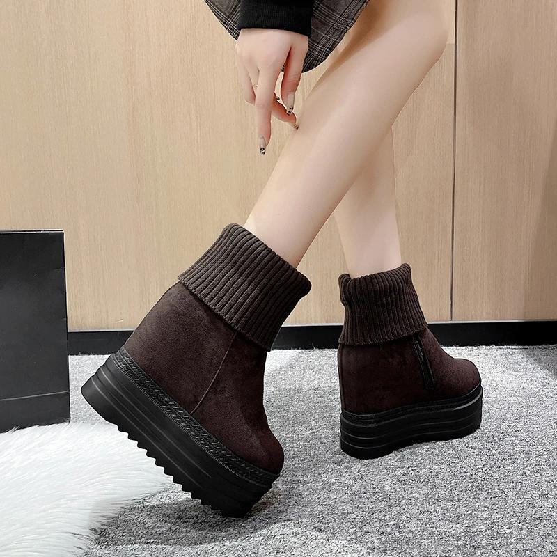 Moda 12,5CM Mulheres Meia Panturrilha Inverno Tricô Pelúcia Salto Escondido Mulher Quentes Botas de Inverno Moda Plataforma Sola Grossa Sapatos Bota Feminina