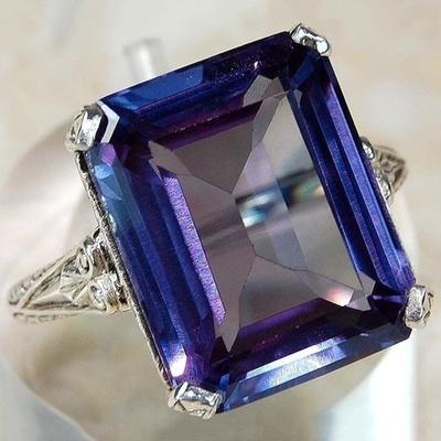 Classy Promise Ring Inlaid Purple Gemstone In Rectangular Shape Engagement Wedding Ring For Brides Symbol Of Elegance And Romance