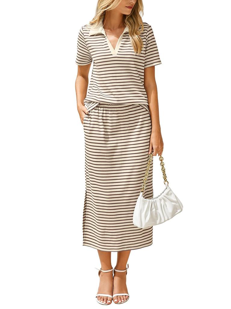 Striped Polo Collar Short Sleeve Top and Midi Skirt Two Piece Set in Multi Colors