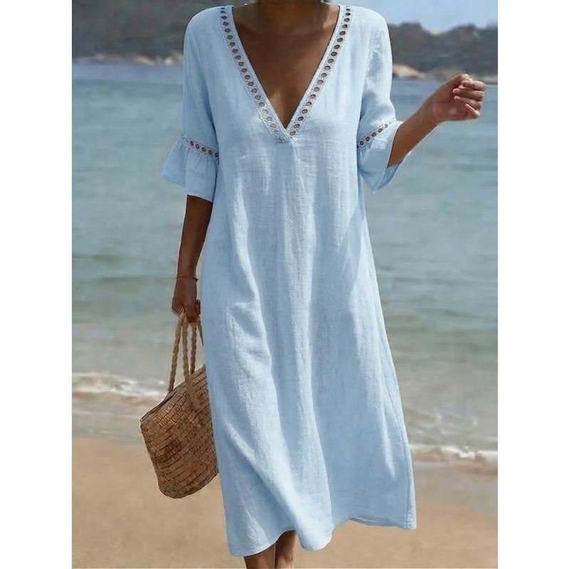 JPNTKY Fashion Summer Spring Short Sleeve V-Neck Casual Dresses S