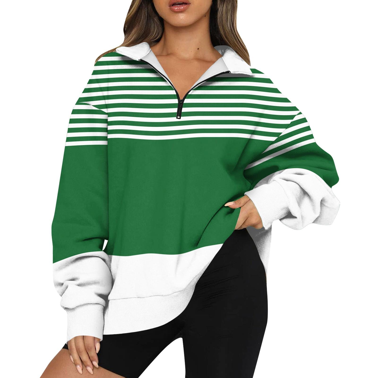 Женская толстовка, модная, с длинными рукавами, в полоску, с принтом, с застежкой-молнией на половину длины L армия зеленый