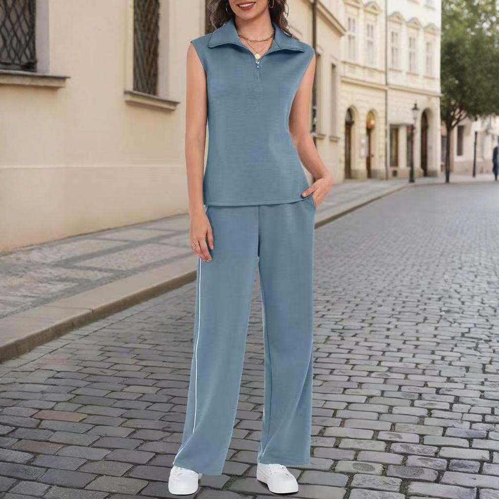 Women’s Sleeveless Top and Wide Leg Pants Two Piece Set with Zipper Collar and Side