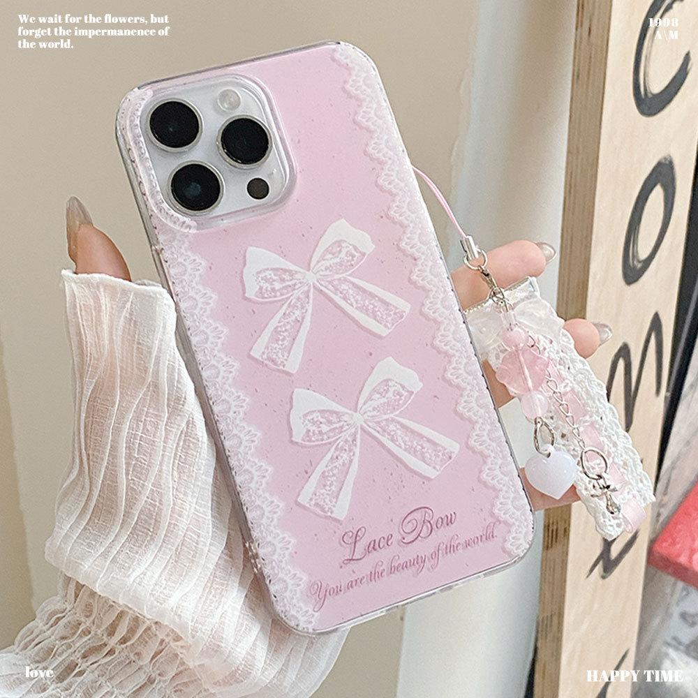 Ins French Bow Suitable for IPhone 16 Protective Case Apple 14 Mobile Phone Case 13 High End Lace 15 Bracelet