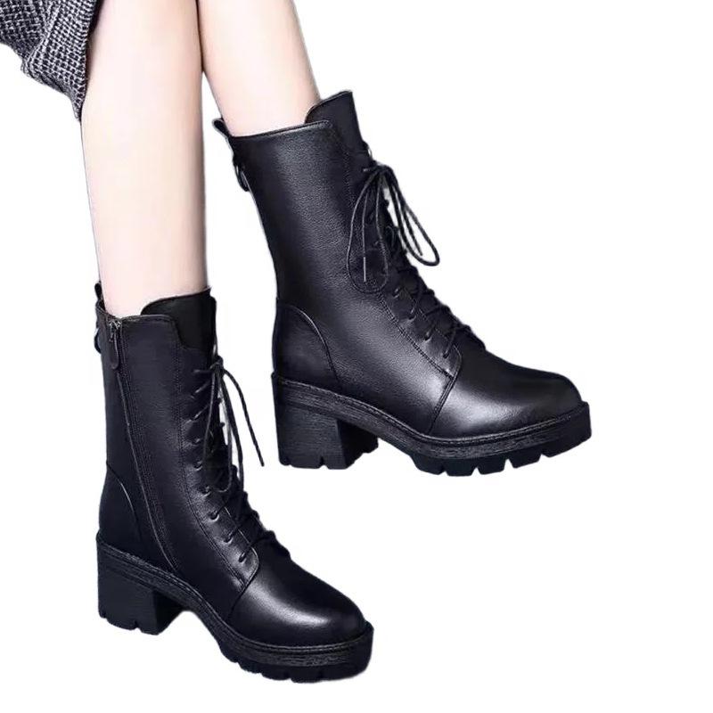 Autumn and Winter Pointed Short Boots New Boots High Heel Lace-up Soft Leather Middle Heel Show Feet Thin Velvet Martin Boots
