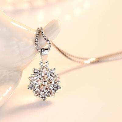 925 Sterling Silver Women Necklaces Flowers Pendant High Quality Pink Diamond Crystal Clavicle Chain Jewelry Length 45CM