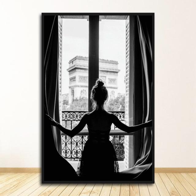Poster di donne Immagini artistiche da parete Soggiorno Decorazione per la casa Bianco e nero Sexy Finestra Ragazza Nordica Tela Pittura Moda Bella