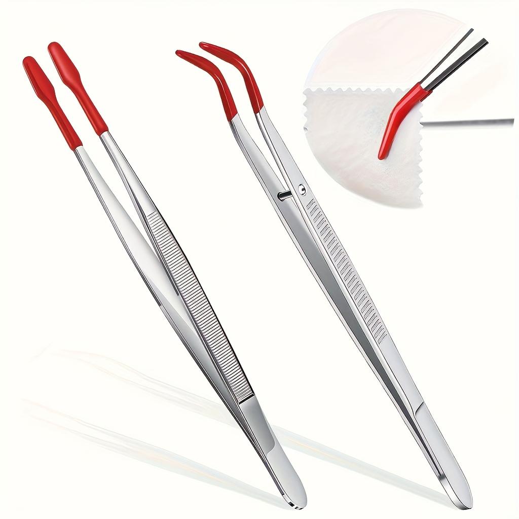 Tweezers of Different Sizes, Stamp Tweezers, Metal Sticker Tweezers with Soft PVC Coating, Flat Head, Elbow, Non-slip Angle Tweezers