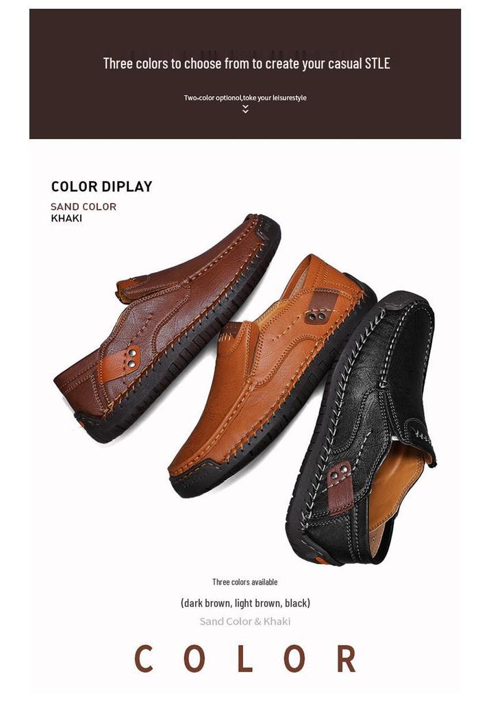 Men's Handmade Leather Slip-on Loafers: Casual Low-top, Flat Bottom, Outdoor Shoes, Large Sizes Up To 48