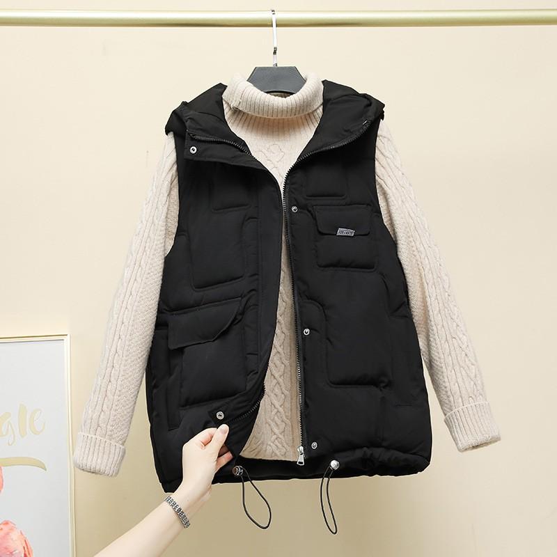 Womens Hooded Puffer Vest With Stand Collar Lightweight Warm Sleeveless Cotton-Padded Outerwear Fall Winter