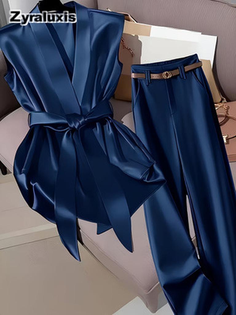 Women's Elegant Satin Figure-Hugging Casual Sleeveless Top & Solid Color Slim Fit Pants Set (Without Belt)