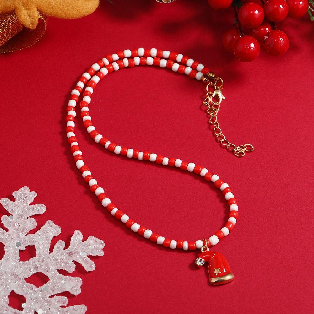 Clavicle Chain Christmas Necklace Santa Cartoon Pendant Choker Rice Beaded Chain  Decoration