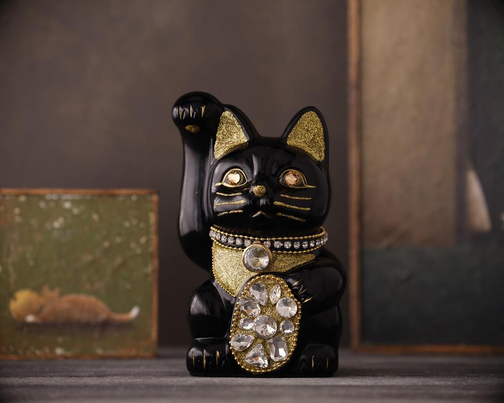 Glückskatze Schmuck Katze Rechte Pfote erhoben Keramik Glückskatze Maneki Neko Glücksbringer Feng Shui Ornament (M-GRÖSSE Schwarz) / _ (jw_M Schwarz)