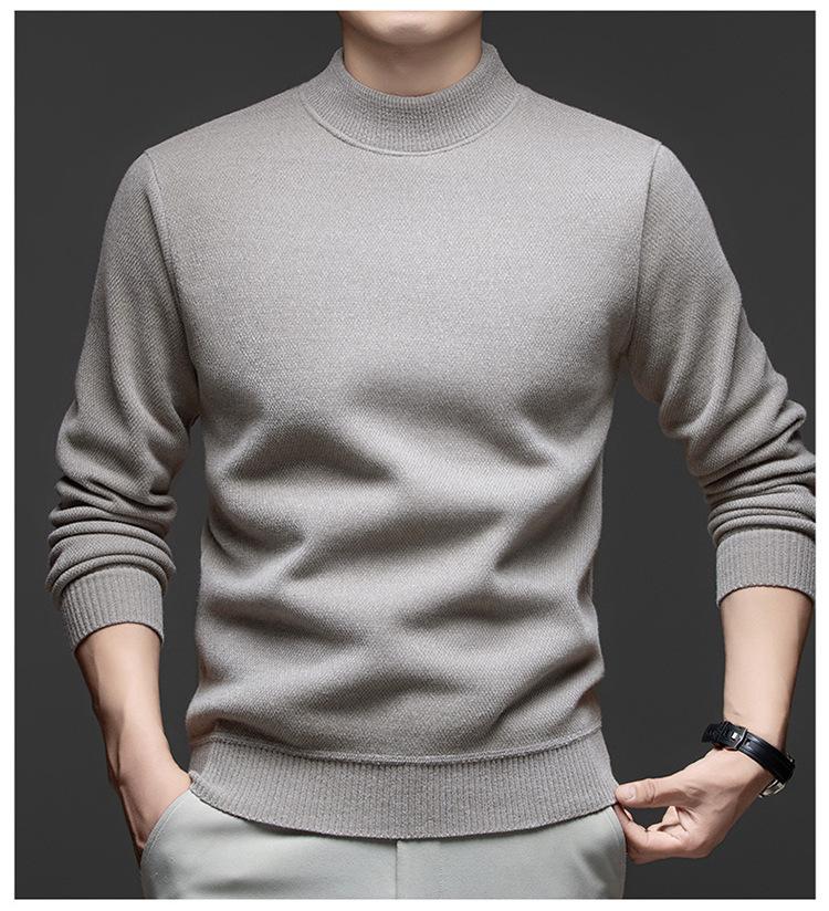 Men's Fleece-Lined Half-High Neck Sweater: Warm, Thick, Knitted Pullover for Autumn & Winter.