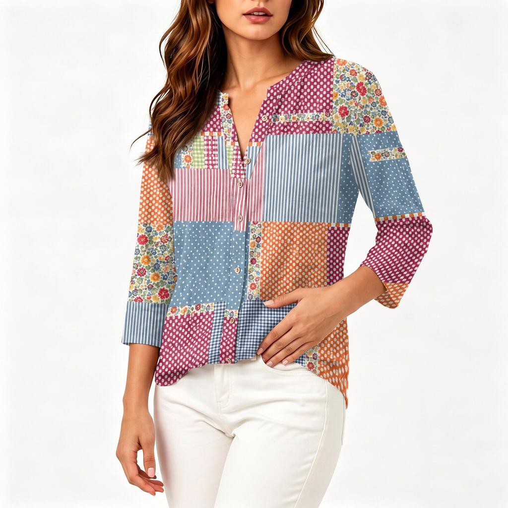 Women's Fashion Cotton Linen Printed 3/4 Sleeve Button Shirt for Casual Wear