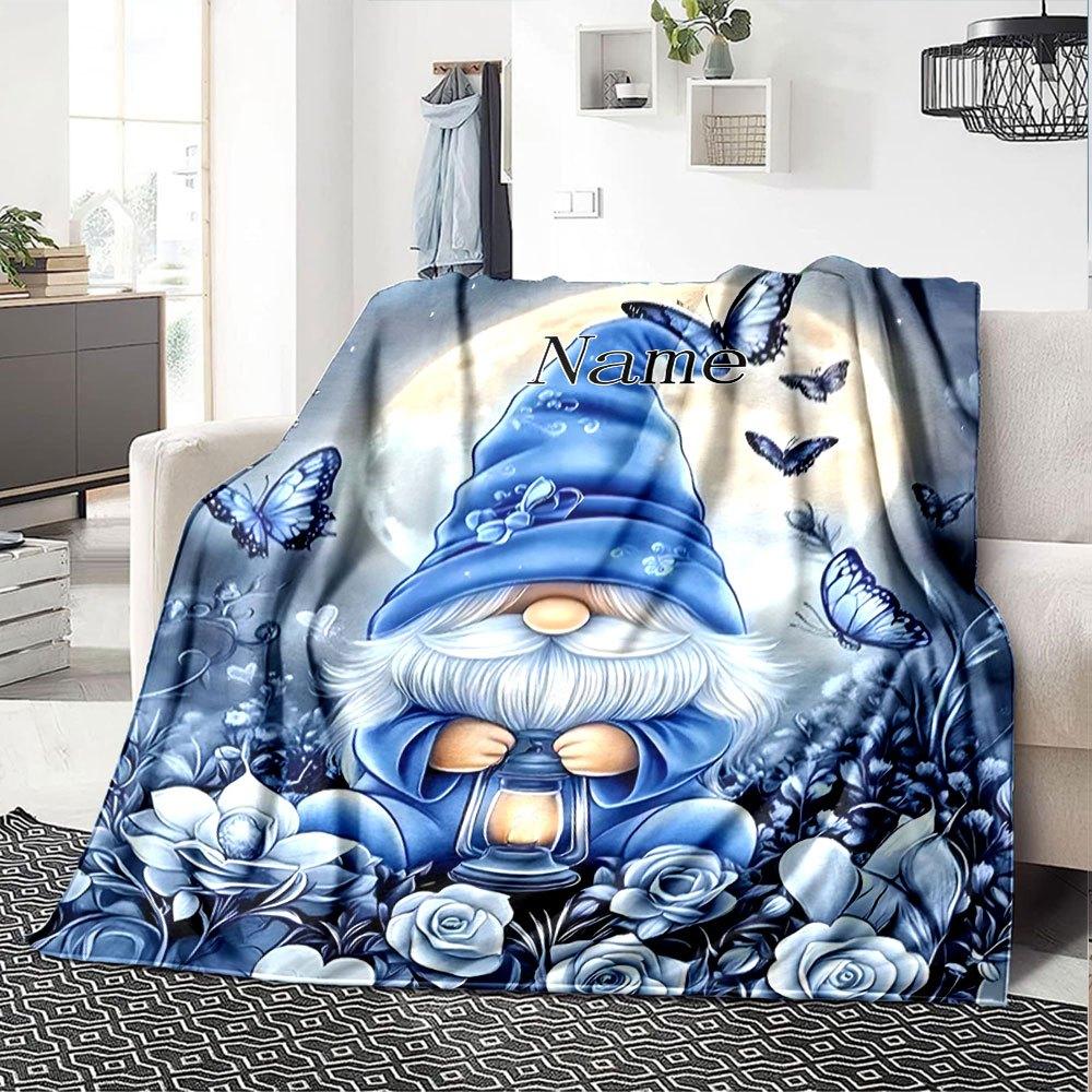 Gnome With Lantern And Butterflies Throw Personalized Blanket Personalized Text Comfortable Great For Sofa Couch Office Bed Picnics All Season Use