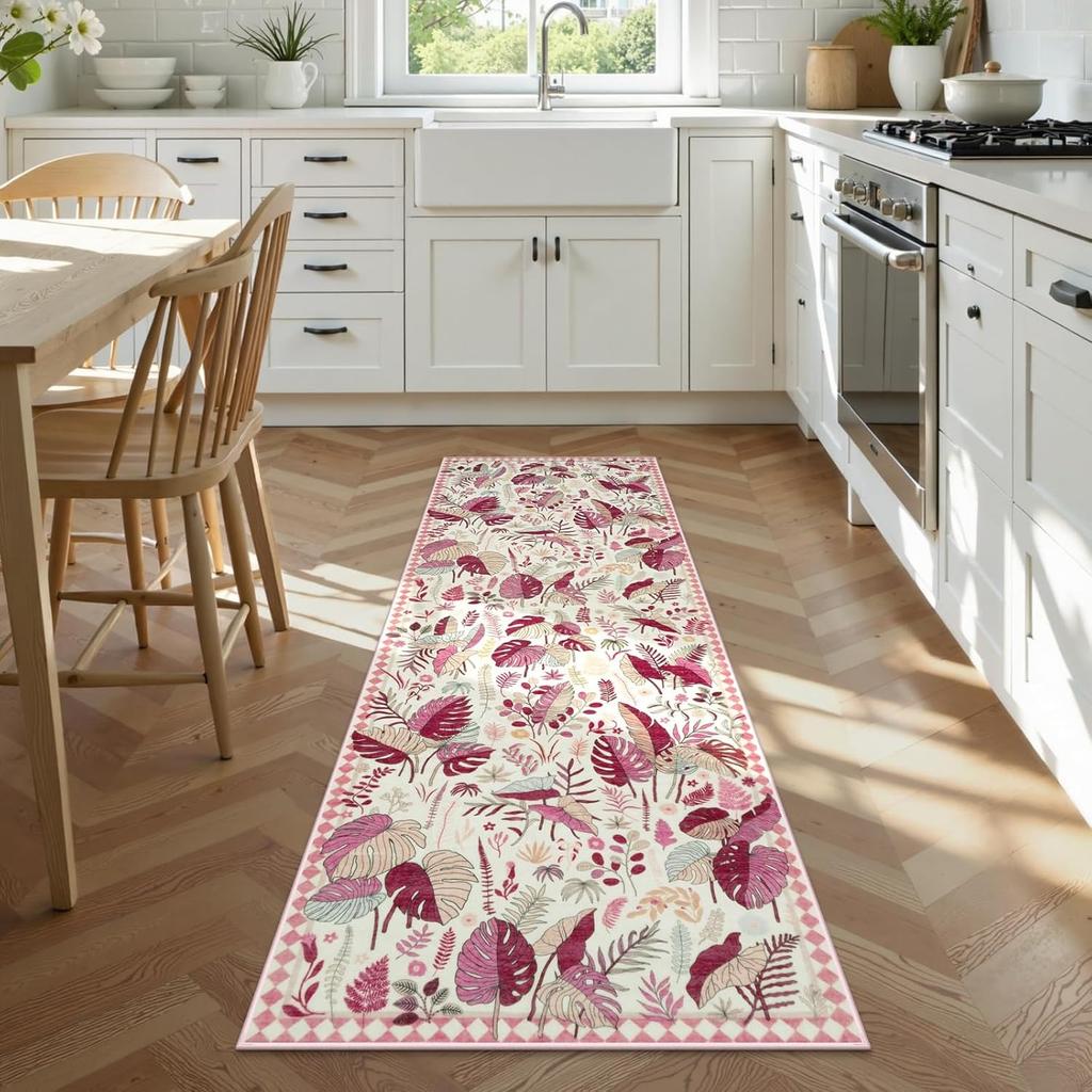 Runner Rug Green Plants Corridor Carpet Bedside Bedroom Modern Leaf Print Hallway Rugs Foldable Machine Washable Home Decoration