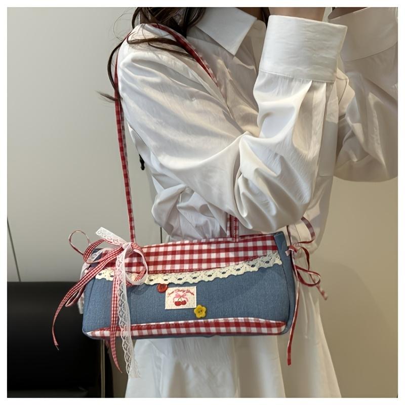 Women s crossbody bag, sweet style tote bag, casual shoulder bag, portable bag, perfect for women s travel organization, preppy style. Denim Red Plaid
