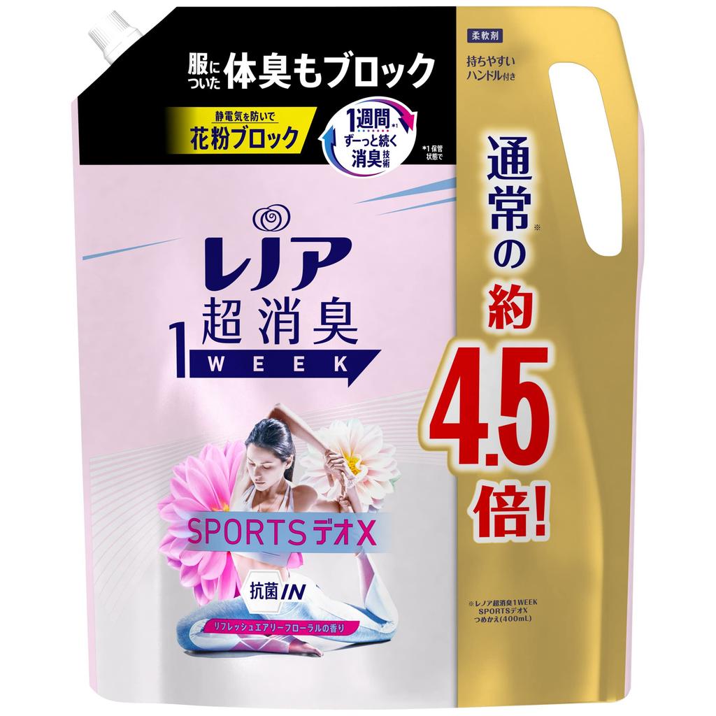 Lenor Super Deodorizing Fabric Sports Refresh Airy Large 1790mL 1 Bag 1-Week Softener, Deo-X Floral, Refill, Capacity, (Approx. 4.5x),
